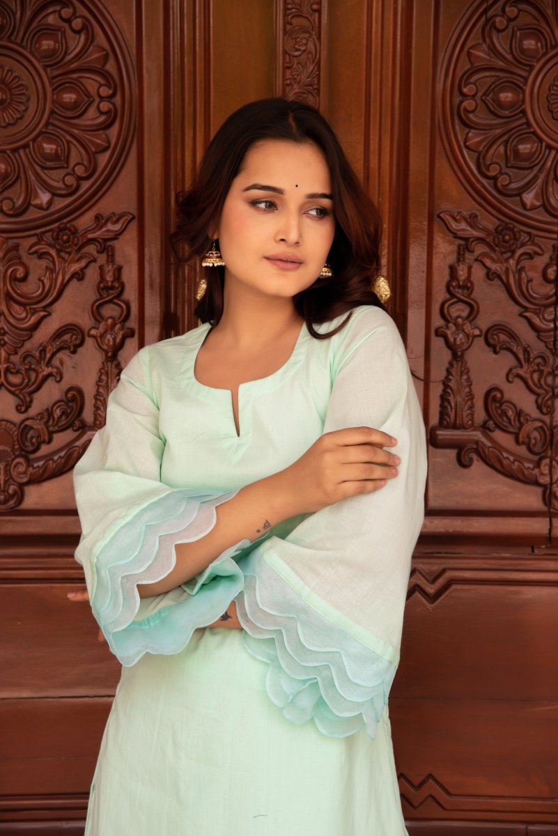 SUNHARI AQUA BLUE COTTON CO - ORD SET WITH ORGANZA EMBROIDERY SLEEVES - Pomcha Jaipur