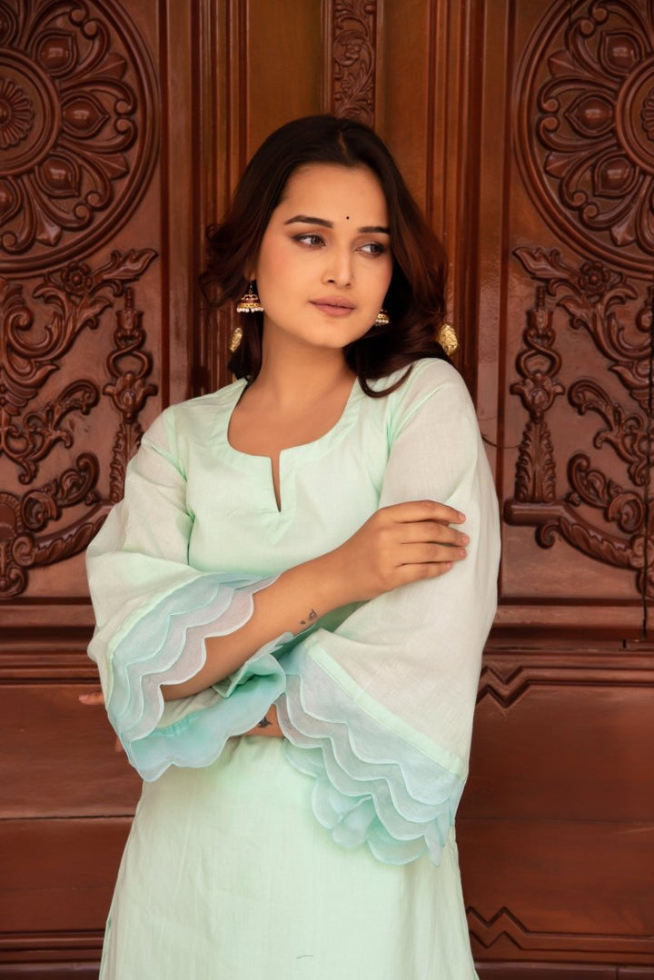 SUNHARI AQUA BLUE COTTON CO - ORD SET WITH ORGANZA EMBROIDERY SLEEVES - Pomcha Jaipur