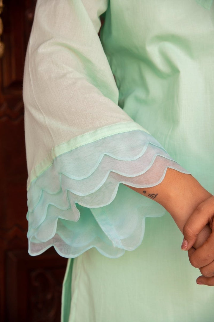 SUNHARI AQUA BLUE COTTON CO - ORD SET WITH ORGANZA EMBROIDERY SLEEVES - Pomcha Jaipur