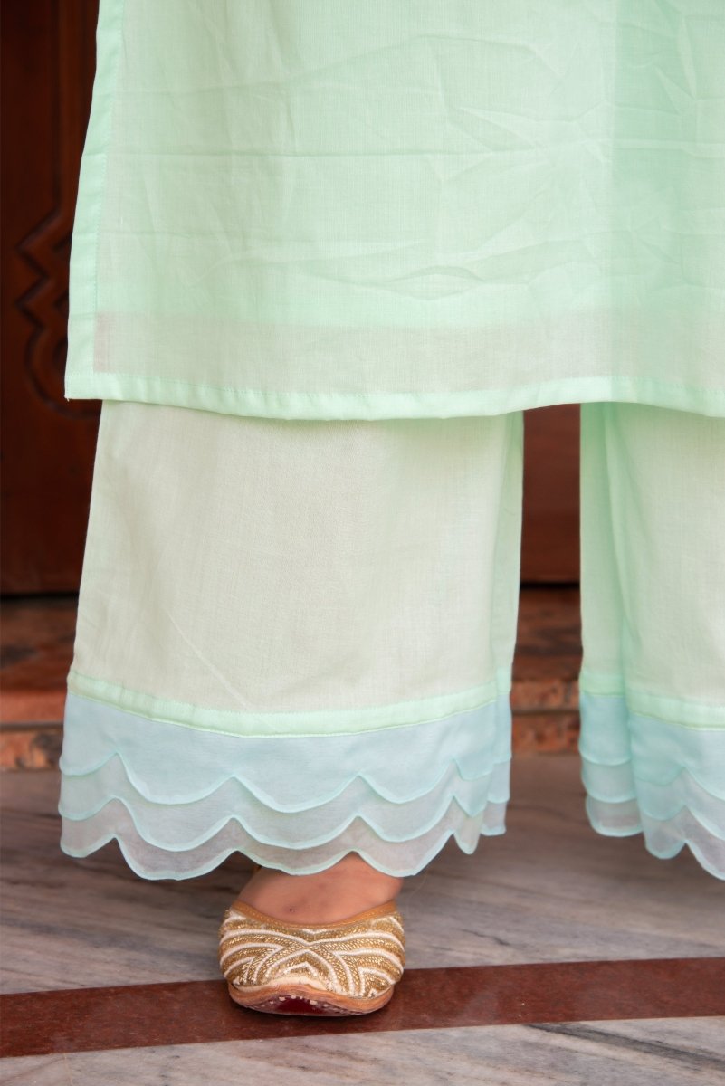 SUNHARI AQUA BLUE COTTON CO - ORD SET WITH ORGANZA EMBROIDERY SLEEVES - Pomcha Jaipur