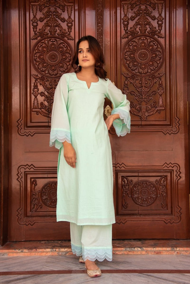 SUNHARI AQUA BLUE COTTON CO - ORD SET WITH ORGANZA EMBROIDERY SLEEVES - Pomcha Jaipur