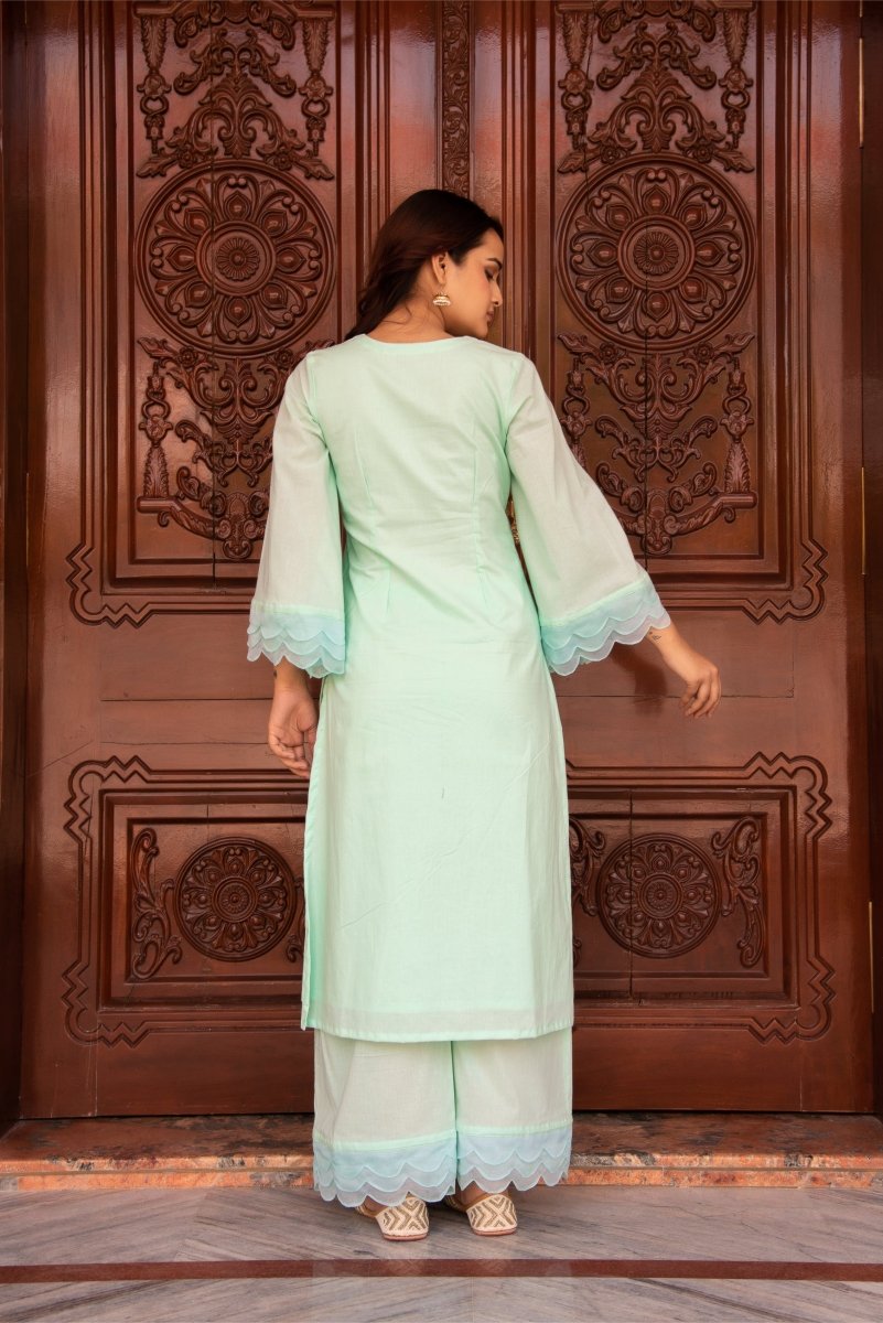 SUNHARI AQUA BLUE COTTON CO - ORD SET WITH ORGANZA EMBROIDERY SLEEVES - Pomcha Jaipur