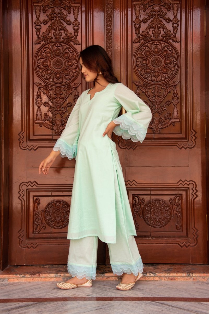 SUNHARI AQUA BLUE COTTON CO - ORD SET WITH ORGANZA EMBROIDERY SLEEVES - Pomcha Jaipur