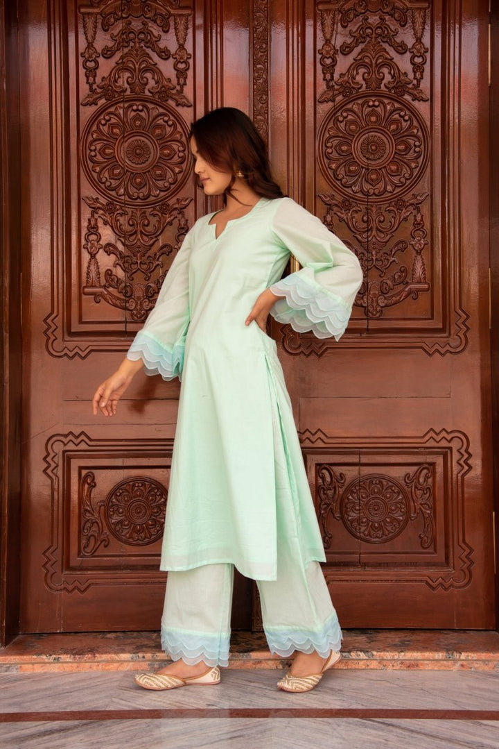 SUNHARI AQUA BLUE COTTON CO - ORD SET WITH ORGANZA EMBROIDERY SLEEVES - Pomcha Jaipur
