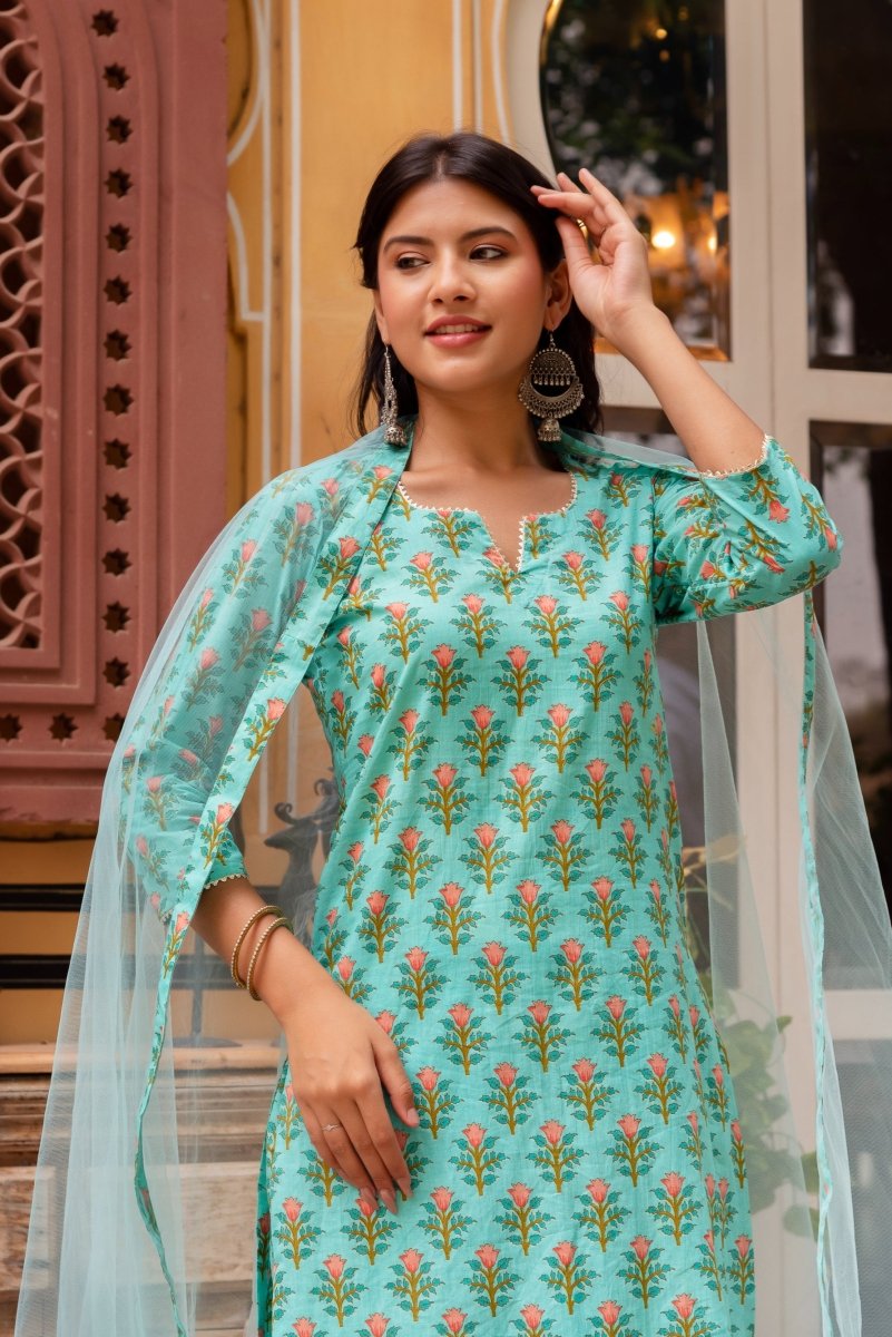 SUNHARI AQUA GREEN COTTON HAND BLOCK PRINTED SUIT SET WITH SOFT NET DUPATTA - Pomcha Jaipur