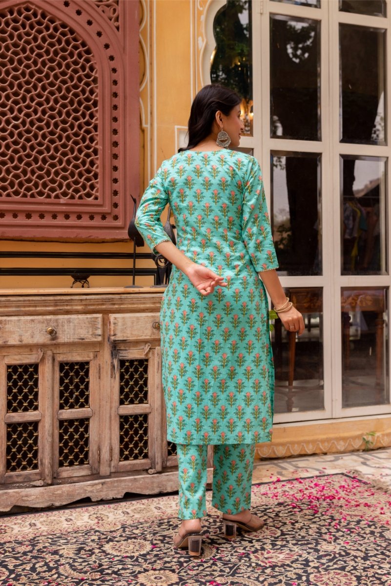 SUNHARI AQUA GREEN COTTON HAND BLOCK PRINTED SUIT SET WITH SOFT NET DUPATTA - Pomcha Jaipur