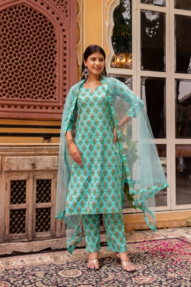 SUNHARI AQUA GREEN COTTON HAND BLOCK PRINTED SUIT SET WITH SOFT NET DUPATTA - Pomcha Jaipur