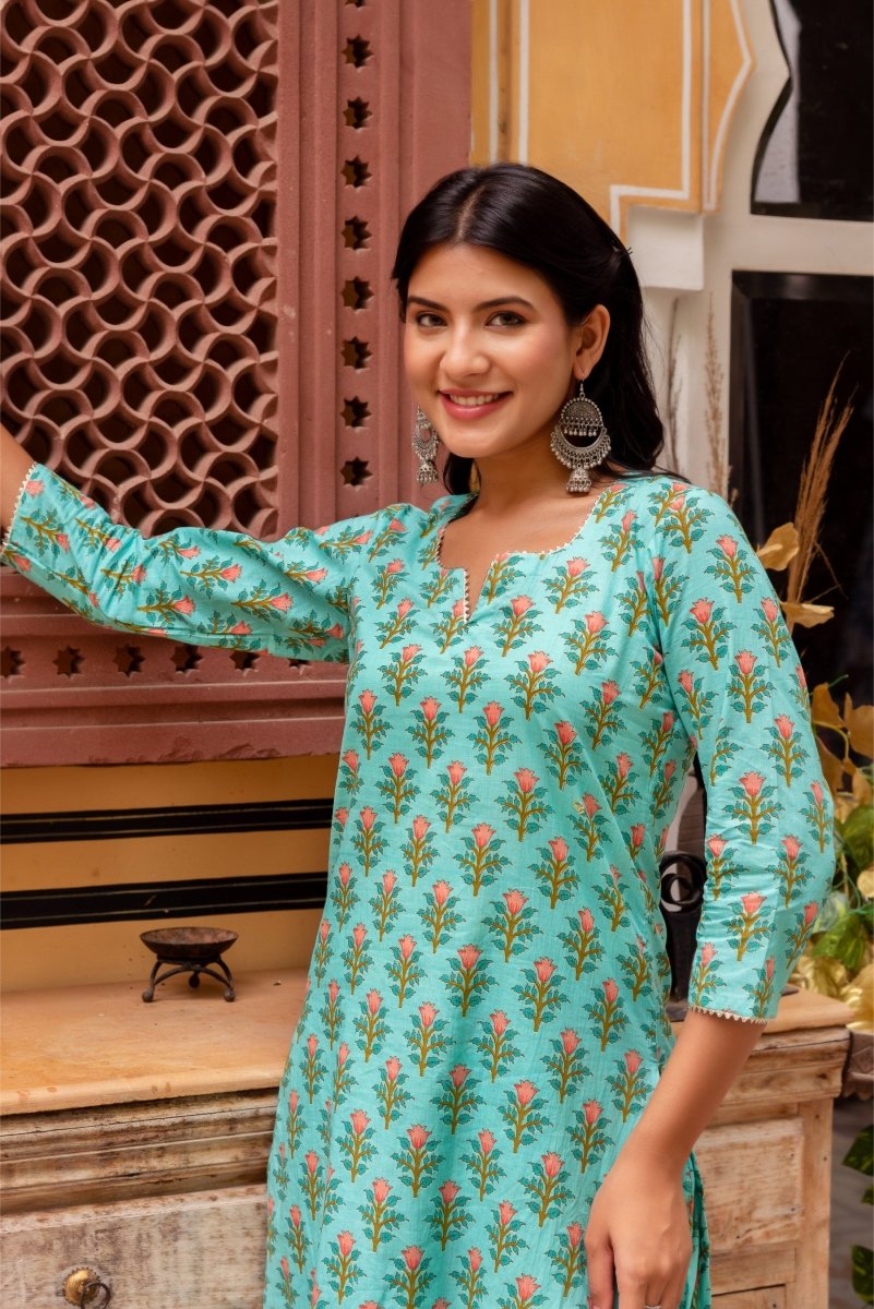 SUNHARI AQUA GREEN COTTON HAND BLOCK PRINTED SUIT SET WITH SOFT NET DUPATTA - Pomcha Jaipur