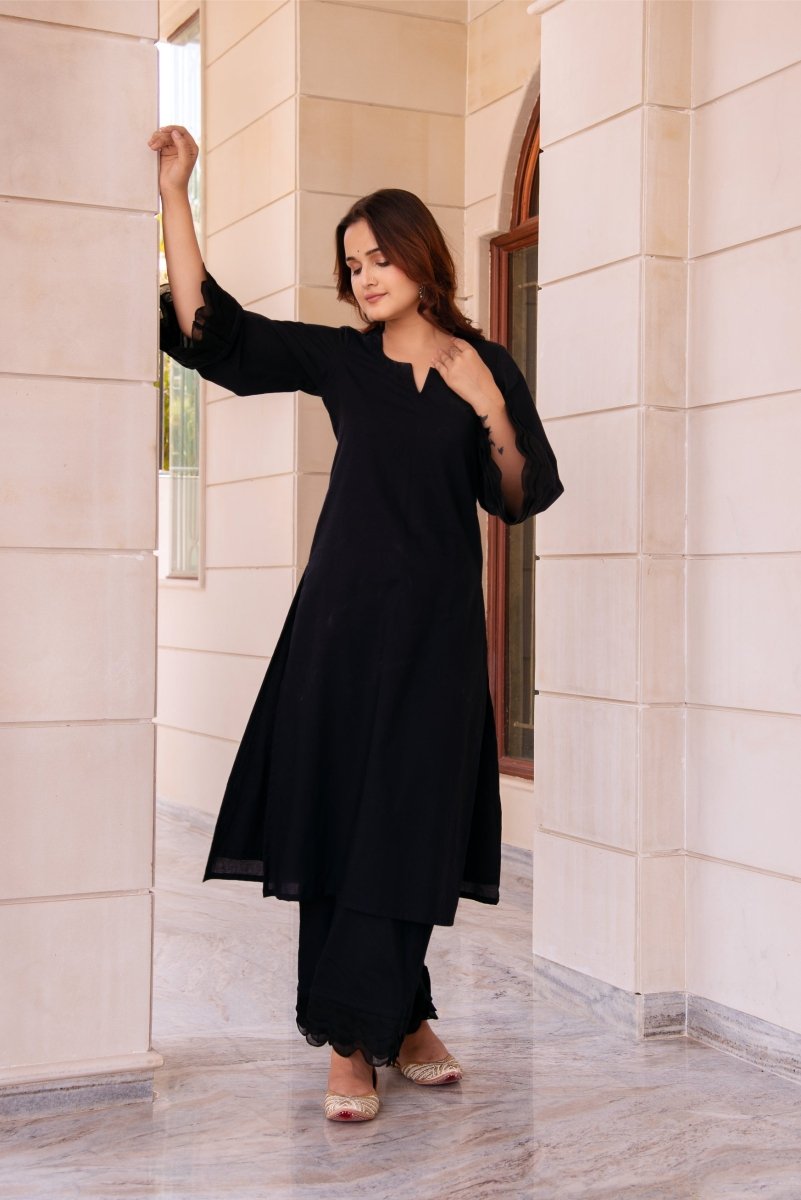 SUNHARI BLACK COTTON CO - ORD SET WITH ORGANZA EMBROIDERY SLEEVES - Pomcha Jaipur
