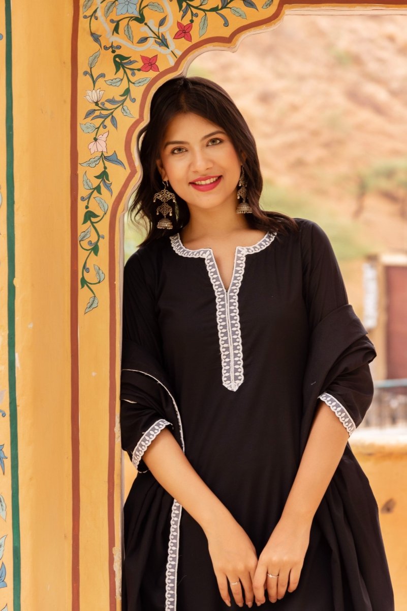 SUNHARI BLACK PRINTED PANTS COTTON SUIT SET WITH COTTON DUPATTA - Pomcha Jaipur