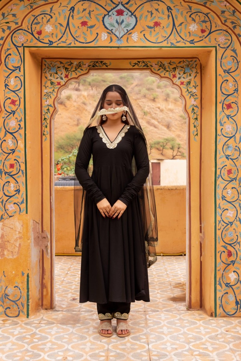 SUNHARI BLACK ROSE COTTON GOTA LACE ANARKALI SET WITH SOFT NET DUPATTA - Pomcha Jaipur