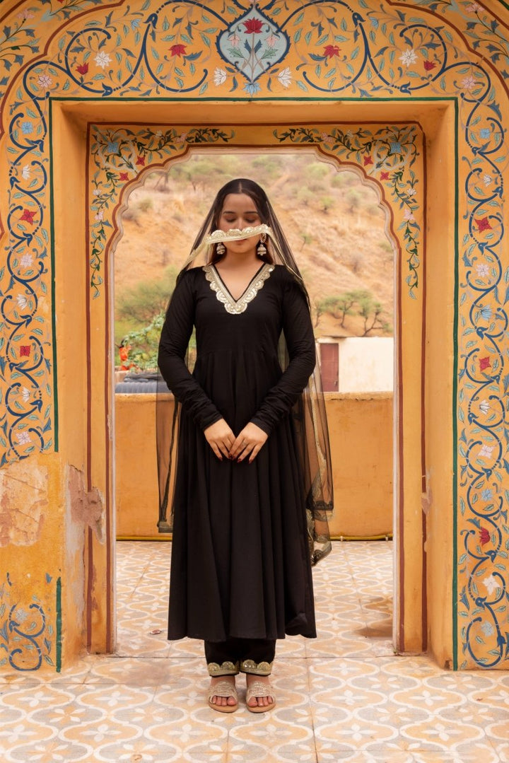 SUNHARI BLACK ROSE COTTON GOTA LACE ANARKALI SET WITH SOFT NET DUPATTA - Pomcha Jaipur