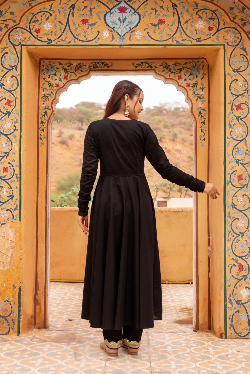 SUNHARI BLACK ROSE COTTON GOTA LACE ANARKALI SET WITH SOFT NET DUPATTA - Pomcha Jaipur