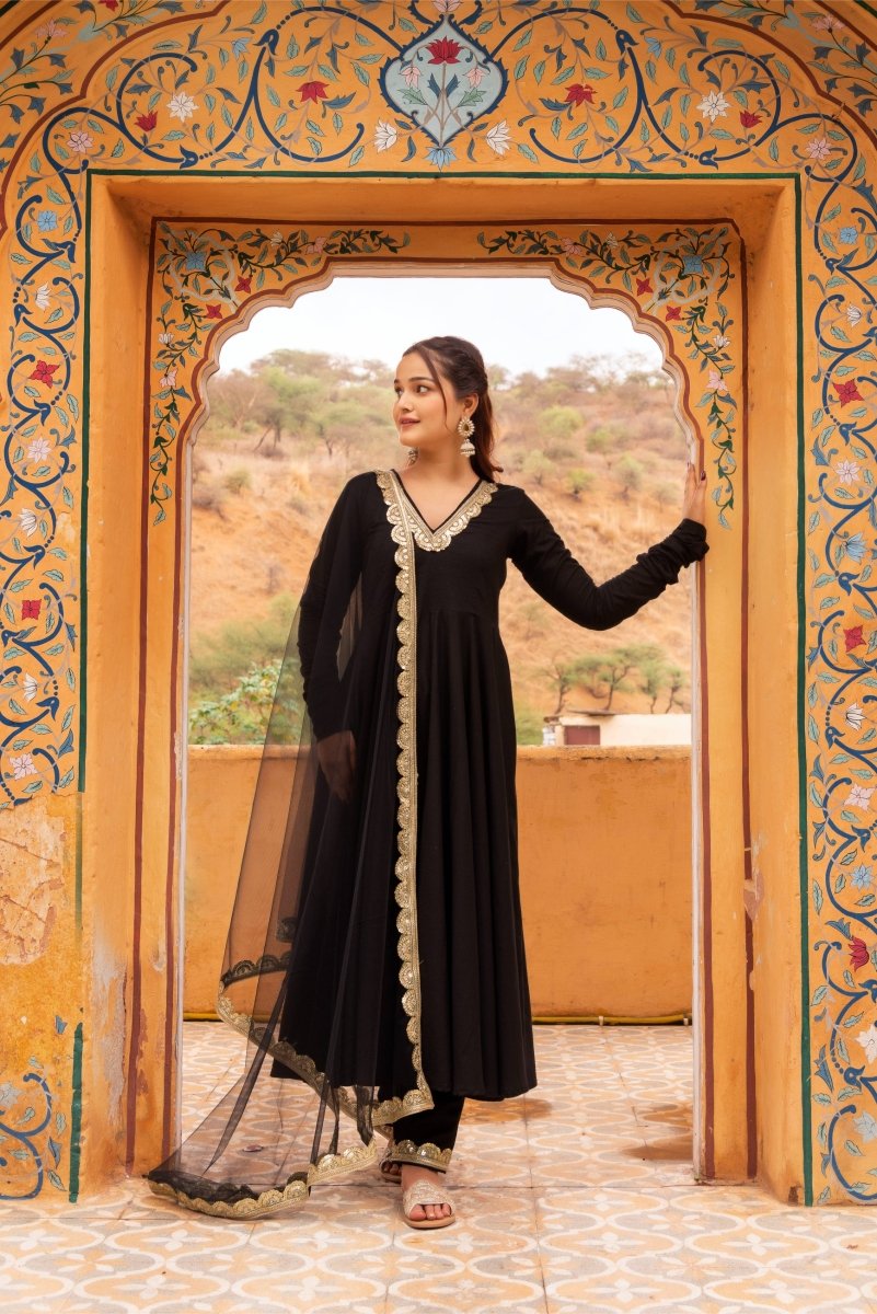 SUNHARI BLACK ROSE COTTON GOTA LACE ANARKALI SET WITH SOFT NET DUPATTA - Pomcha Jaipur