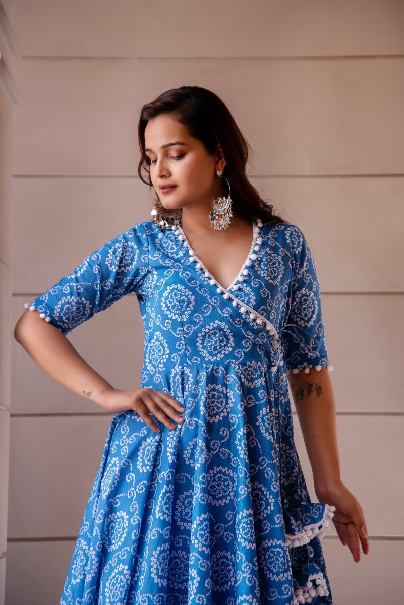 SUNHARI BLUE BANDHEJ COTTON ANGRAKHA SET WITH COTTON DUPATTA - Pomcha Jaipur