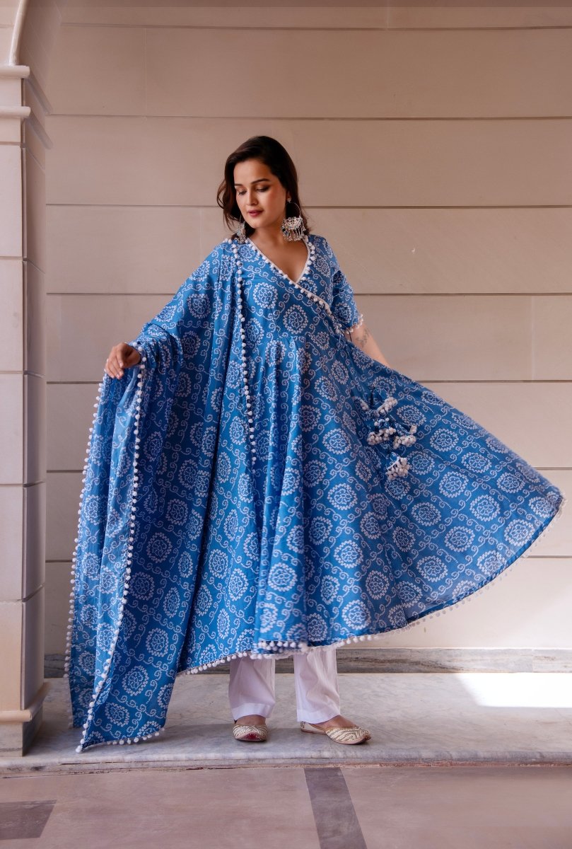 SUNHARI BLUE BANDHEJ COTTON ANGRAKHA SET WITH COTTON DUPATTA - Pomcha Jaipur