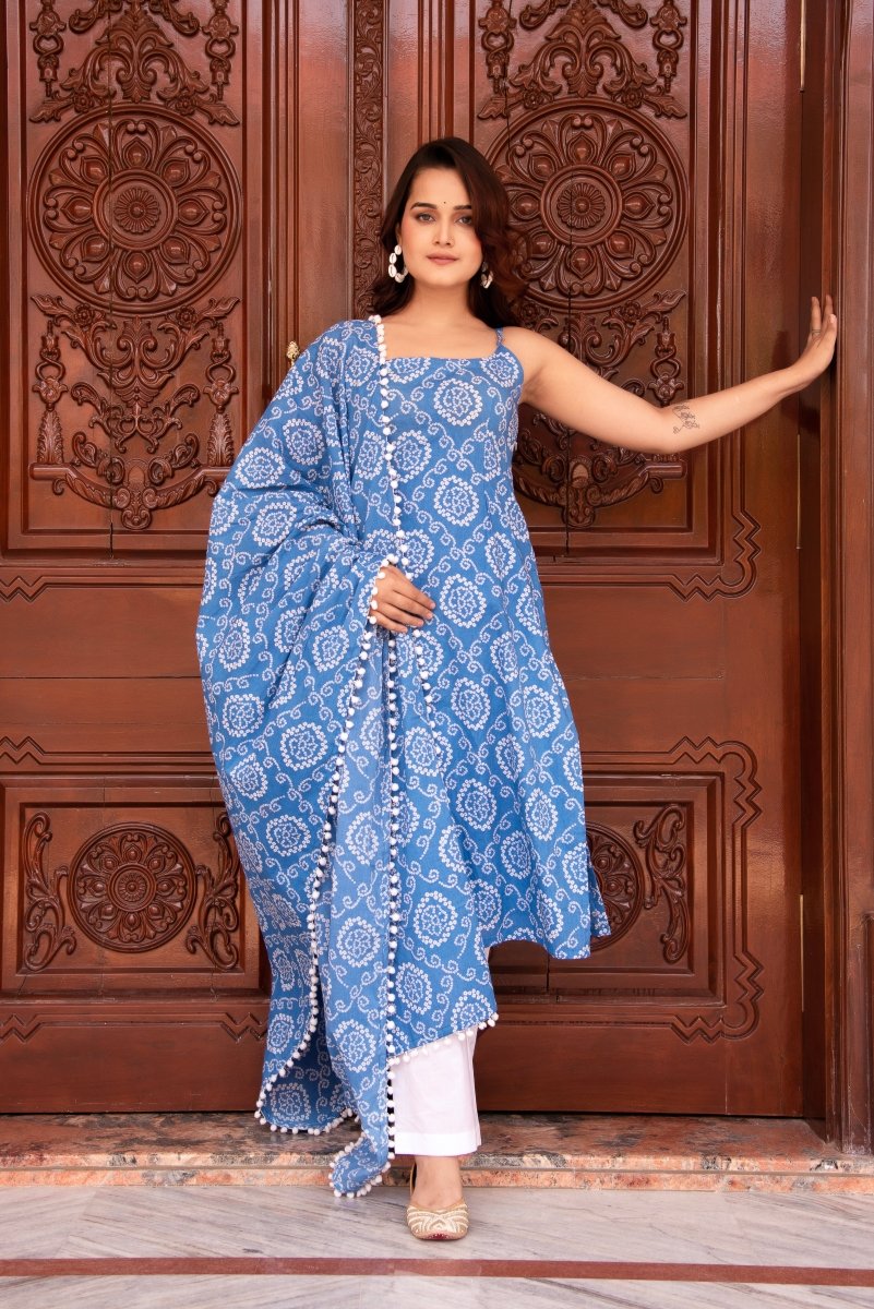 SUNHARI BLUE BANDHEJ SLEEVELESS SUIT SET WITH COTTON DUPATTA - Pomcha Jaipur