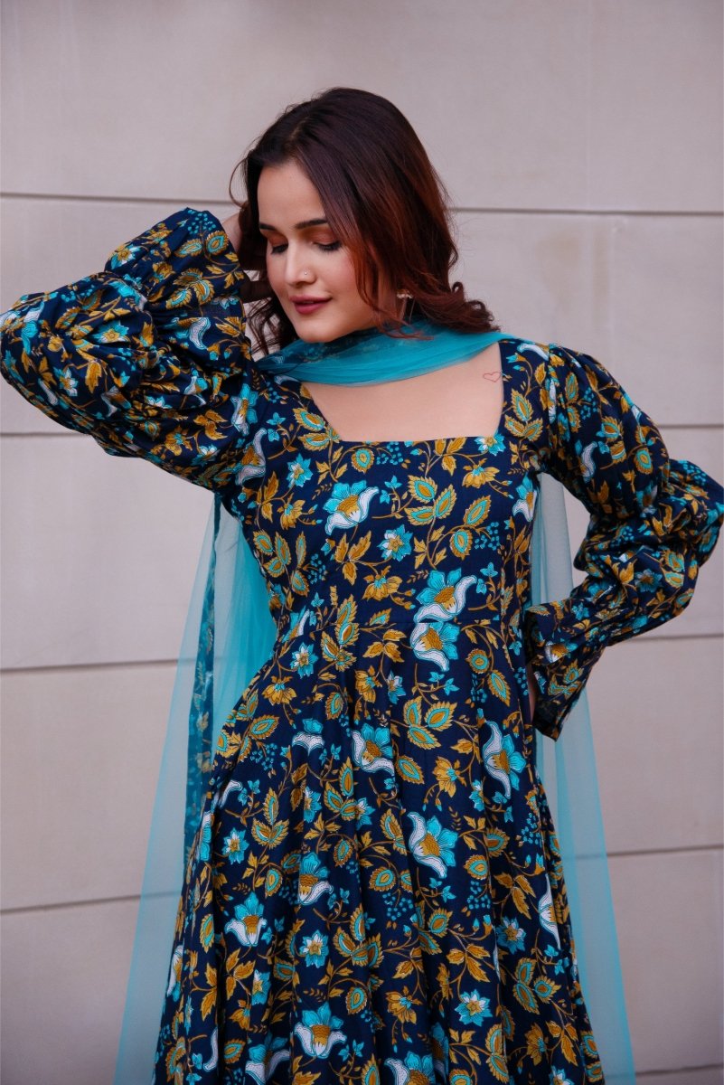 SUNHARI BLUE COTTON HAND BLOCK ANARKALI SET WITH SOFT NET DUPATTA - Pomcha Jaipur
