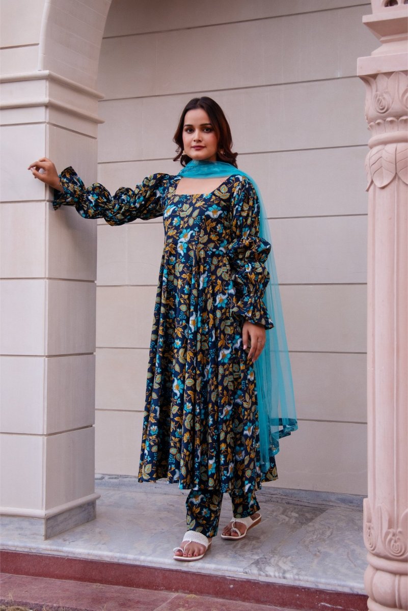 SUNHARI BLUE COTTON HAND BLOCK ANARKALI SET WITH SOFT NET DUPATTA - Pomcha Jaipur