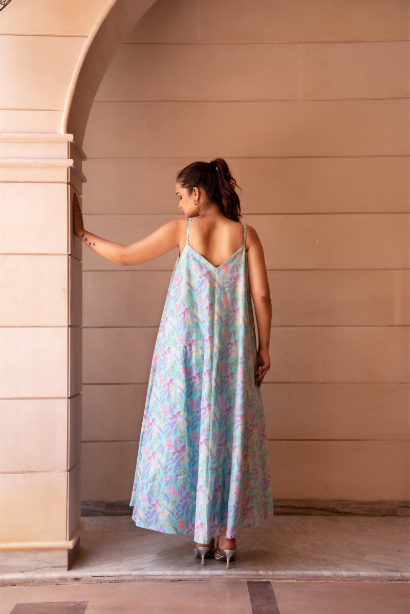 SUNHARI BLUE COTTON PRINTED LONG DRESS - Pomcha Jaipur