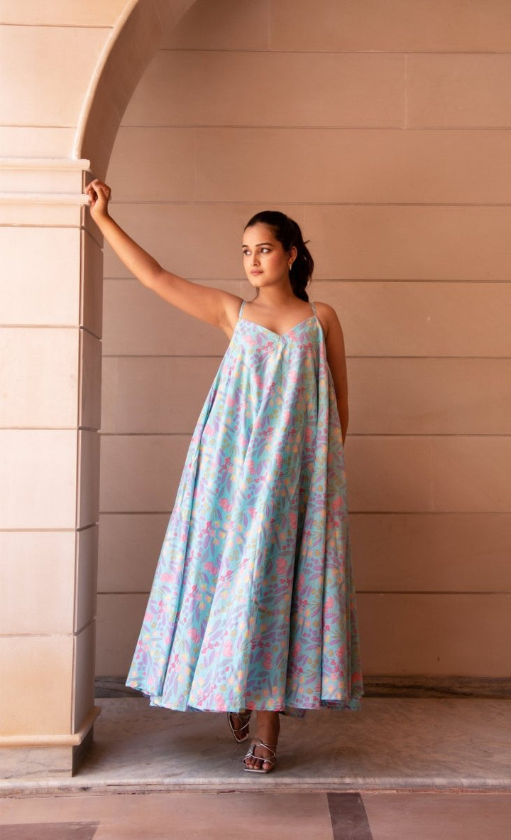 SUNHARI BLUE COTTON PRINTED LONG DRESS - Pomcha Jaipur