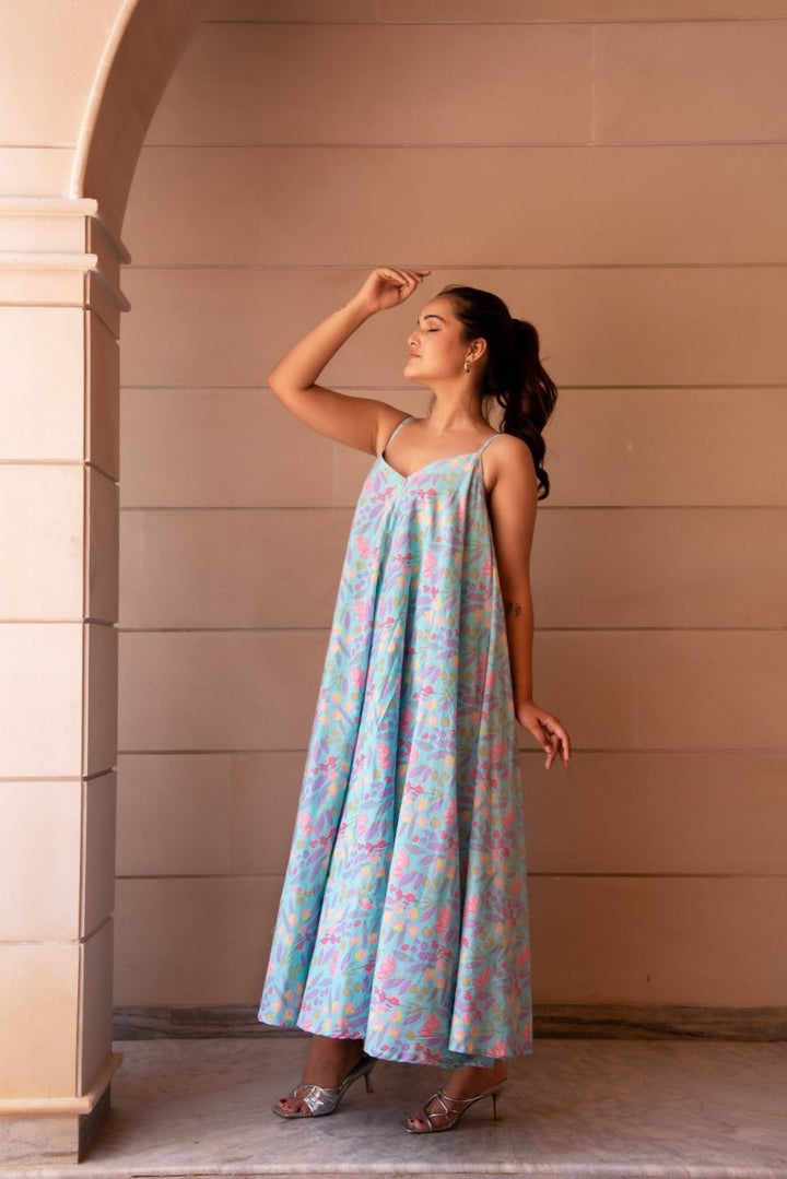 SUNHARI BLUE COTTON PRINTED LONG DRESS - Pomcha Jaipur