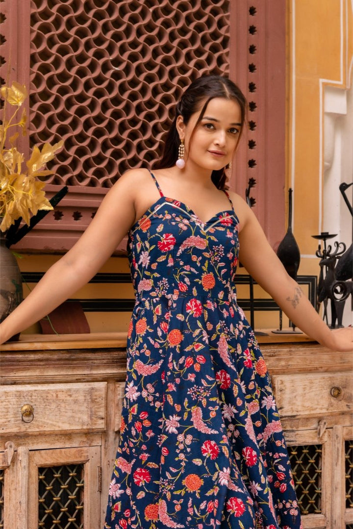 SUNHARI BLUE HAND BLOCK PRINT COTTON ANARKALI WITH SOFT NET DUPATTA - Pomcha Jaipur