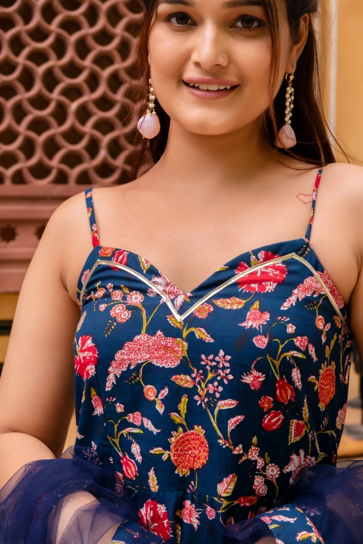 SUNHARI BLUE HAND BLOCK PRINT COTTON ANARKALI WITH SOFT NET DUPATTA - Pomcha Jaipur