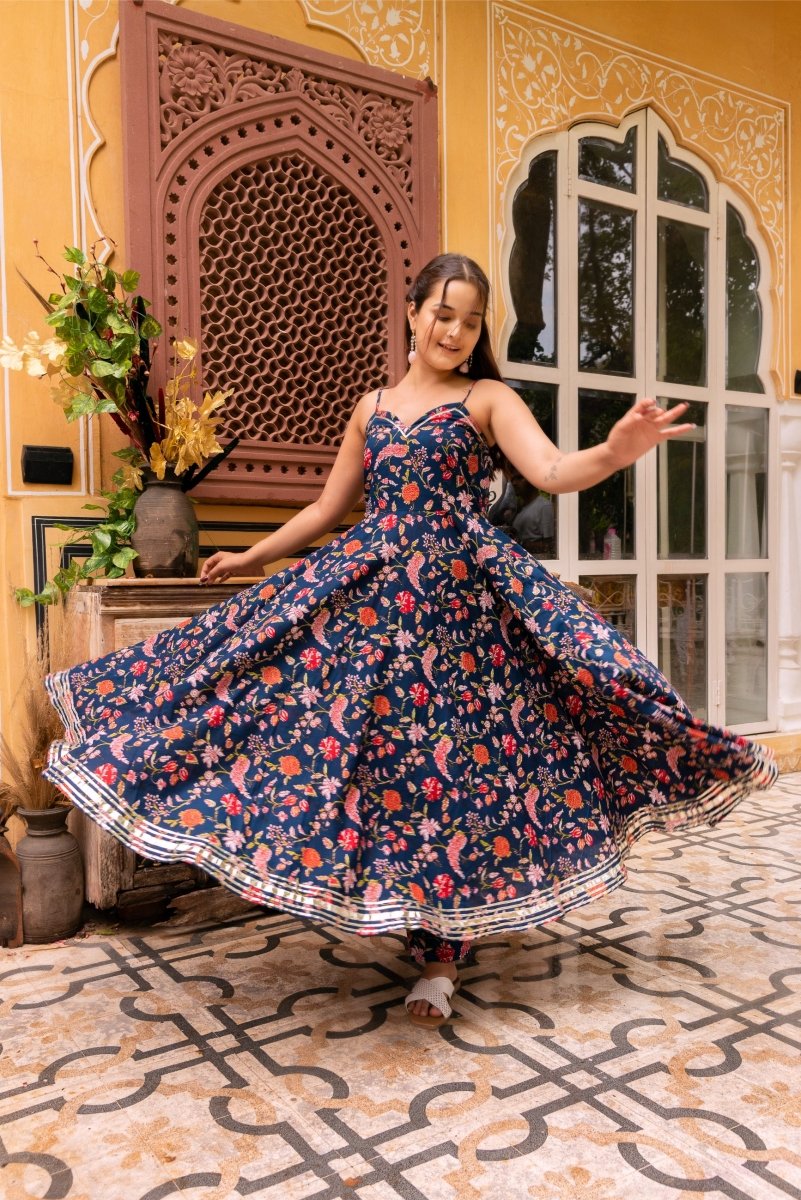 SUNHARI BLUE HAND BLOCK PRINT COTTON ANARKALI WITH SOFT NET DUPATTA - Pomcha Jaipur