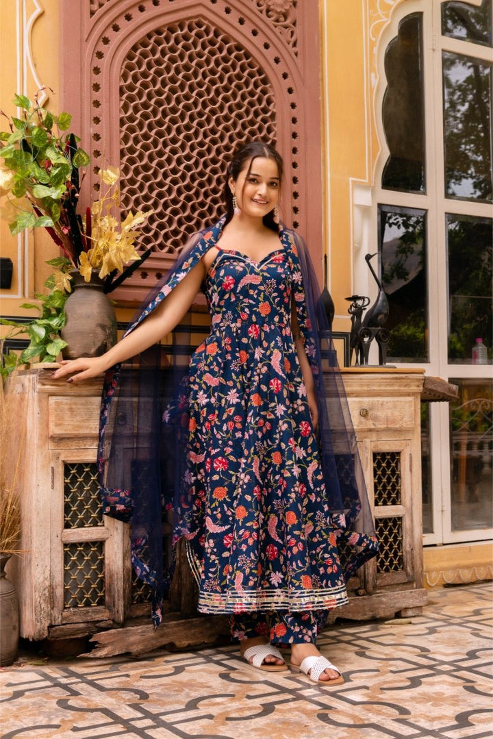 SUNHARI BLUE HAND BLOCK PRINT COTTON ANARKALI WITH SOFT NET DUPATTA - Pomcha Jaipur