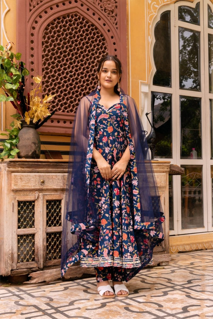 SUNHARI BLUE HAND BLOCK PRINT COTTON ANARKALI WITH SOFT NET DUPATTA - Pomcha Jaipur