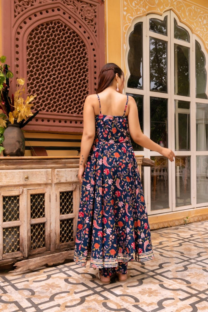 SUNHARI BLUE HAND BLOCK PRINT COTTON ANARKALI WITH SOFT NET DUPATTA - Pomcha Jaipur