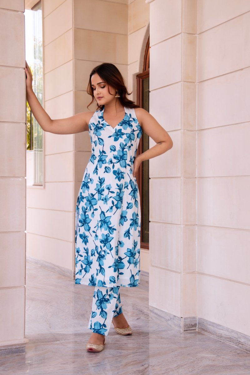 SUNHARI BLUE LILLY SLEEVELESS COTTON CO - ORD SET - Pomcha Jaipur