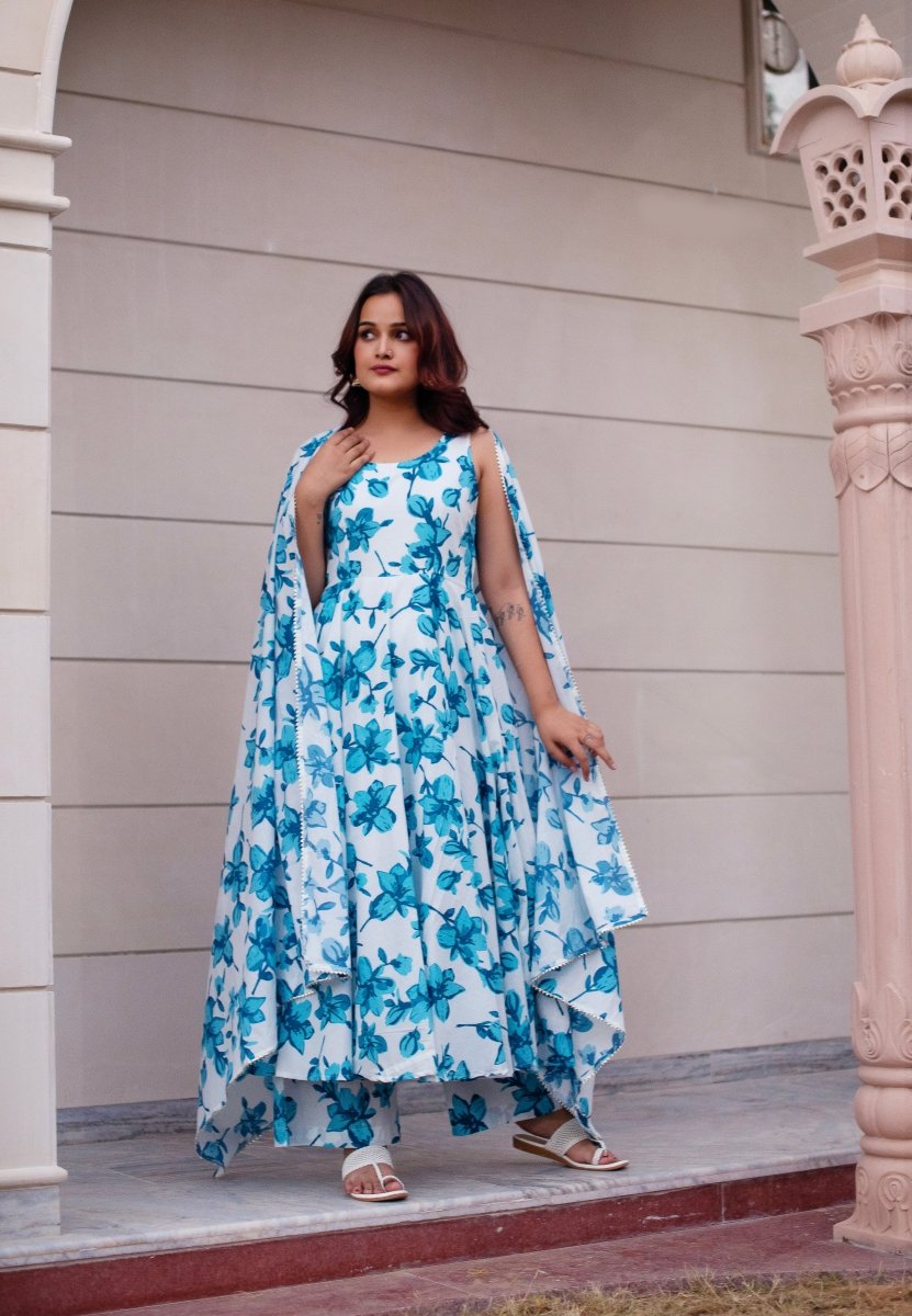 SUNHARI BLUE LILY SLEEVELESS COTTON ANARKALI SET WITH COTTON DUPATTA - Pomcha Jaipur