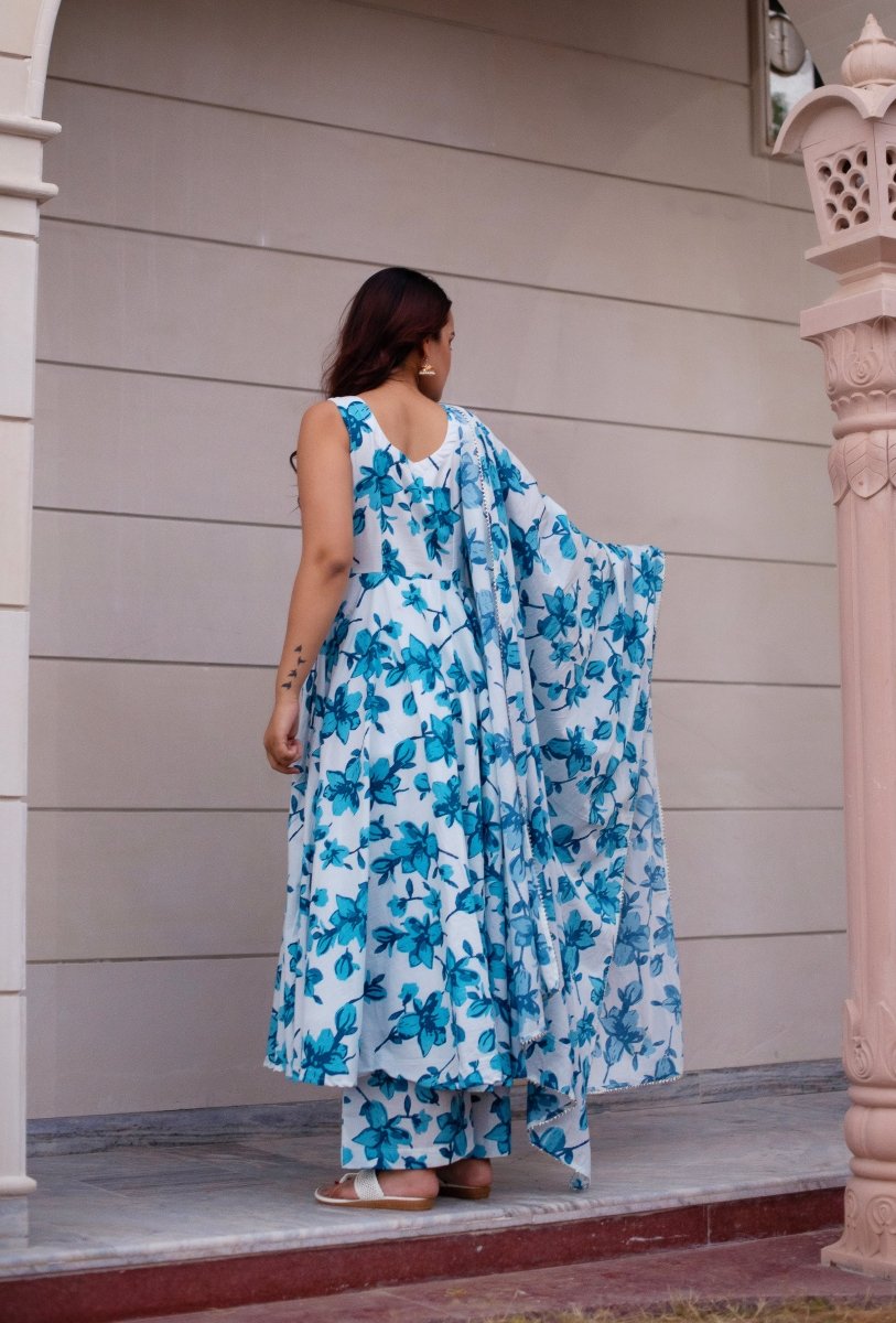 SUNHARI BLUE LILY SLEEVELESS COTTON ANARKALI SET WITH COTTON DUPATTA - Pomcha Jaipur