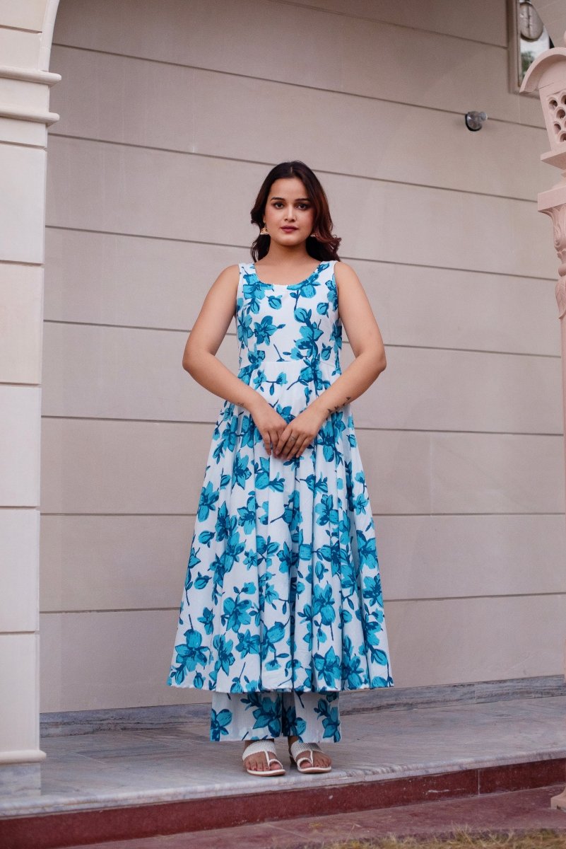 SUNHARI BLUE LILY SLEEVELESS COTTON ANARKALI SET WITH COTTON DUPATTA - Pomcha Jaipur