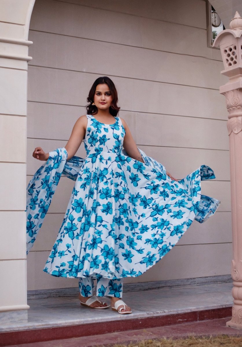 SUNHARI BLUE LILY SLEEVELESS COTTON ANARKALI SET WITH COTTON DUPATTA - Pomcha Jaipur