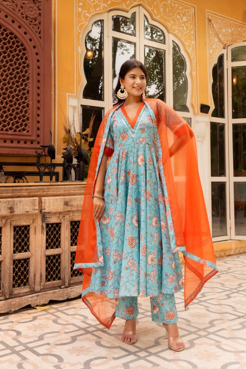 SUNHARI BLUE ORANGE COTTON HAND BLOCK PRINT ANARKALI WITH ORGANZA DUPATTA - Pomcha Jaipur