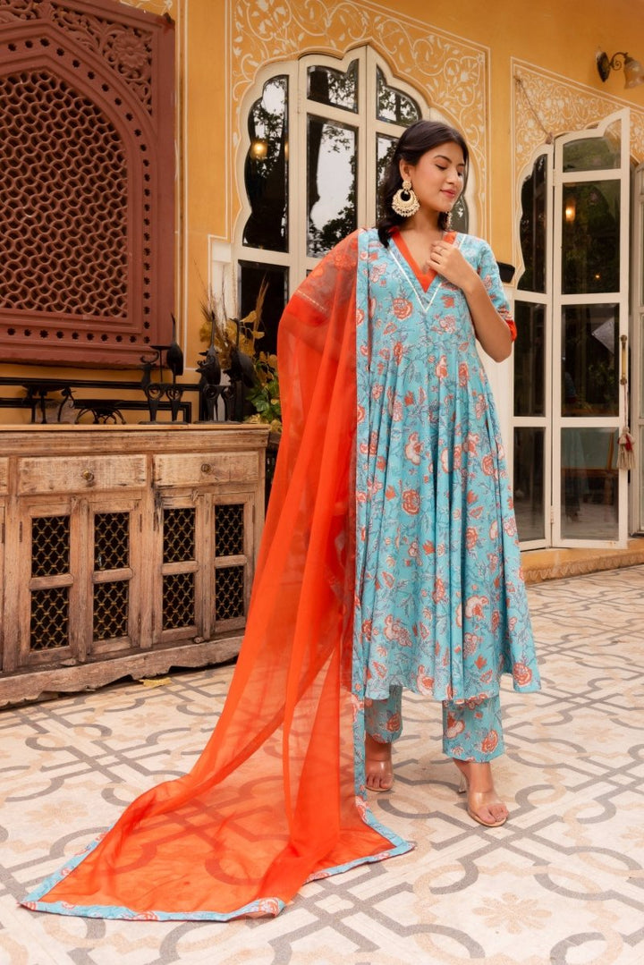 SUNHARI BLUE ORANGE COTTON HAND BLOCK PRINT ANARKALI WITH ORGANZA DUPATTA - Pomcha Jaipur