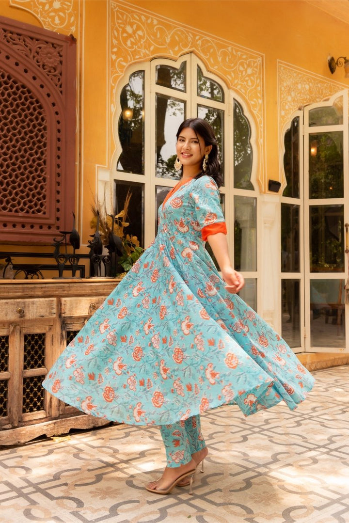 SUNHARI BLUE ORANGE COTTON HAND BLOCK PRINT ANARKALI WITH ORGANZA DUPATTA - Pomcha Jaipur