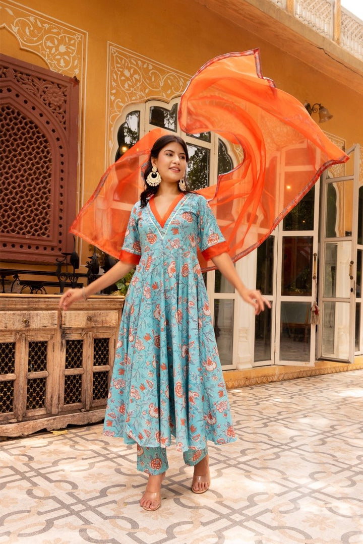 SUNHARI BLUE ORANGE COTTON HAND BLOCK PRINT ANARKALI WITH ORGANZA DUPATTA - Pomcha Jaipur