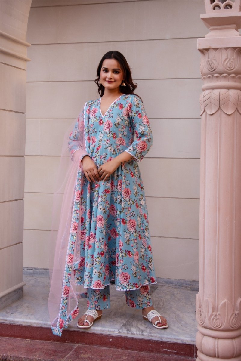 SUNHARI BLUE PEACH HAND BLOCK COTTON ANARKALI SET WITH SOFT NET DUPATTA - Pomcha Jaipur