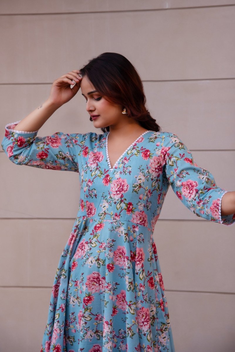 SUNHARI BLUE PEACH HAND BLOCK COTTON ANARKALI SET WITH SOFT NET DUPATTA - Pomcha Jaipur