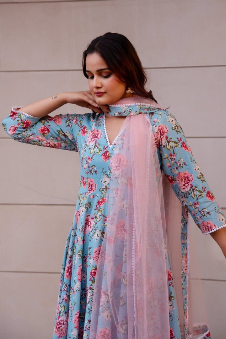 SUNHARI BLUE PEACH HAND BLOCK COTTON ANARKALI SET WITH SOFT NET DUPATTA - Pomcha Jaipur