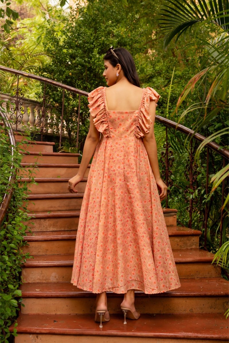 SUNHARI CHAAP PEACH HAND BLOCK PRINT COTTON FRILL SLEEVES DRESS - Pomcha Jaipur