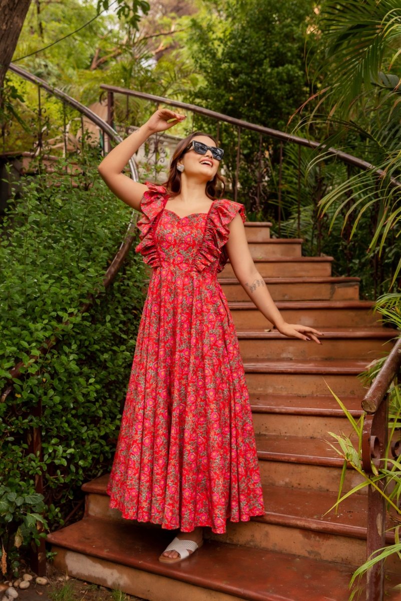 SUNHARI CHAAP RED HAND BLOCK PRINT FRILL SLEEVES COTTON DRESS - Pomcha Jaipur