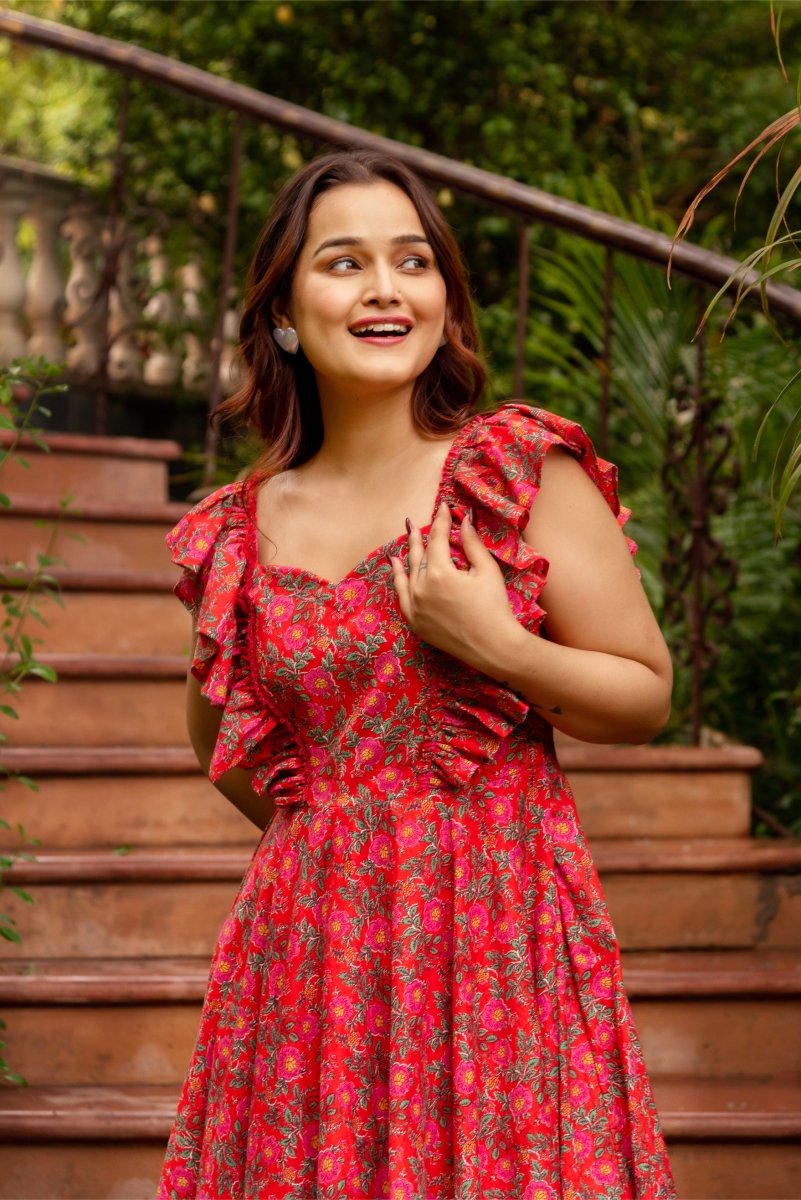 SUNHARI CHAAP RED HAND BLOCK PRINT FRILL SLEEVES COTTON DRESS