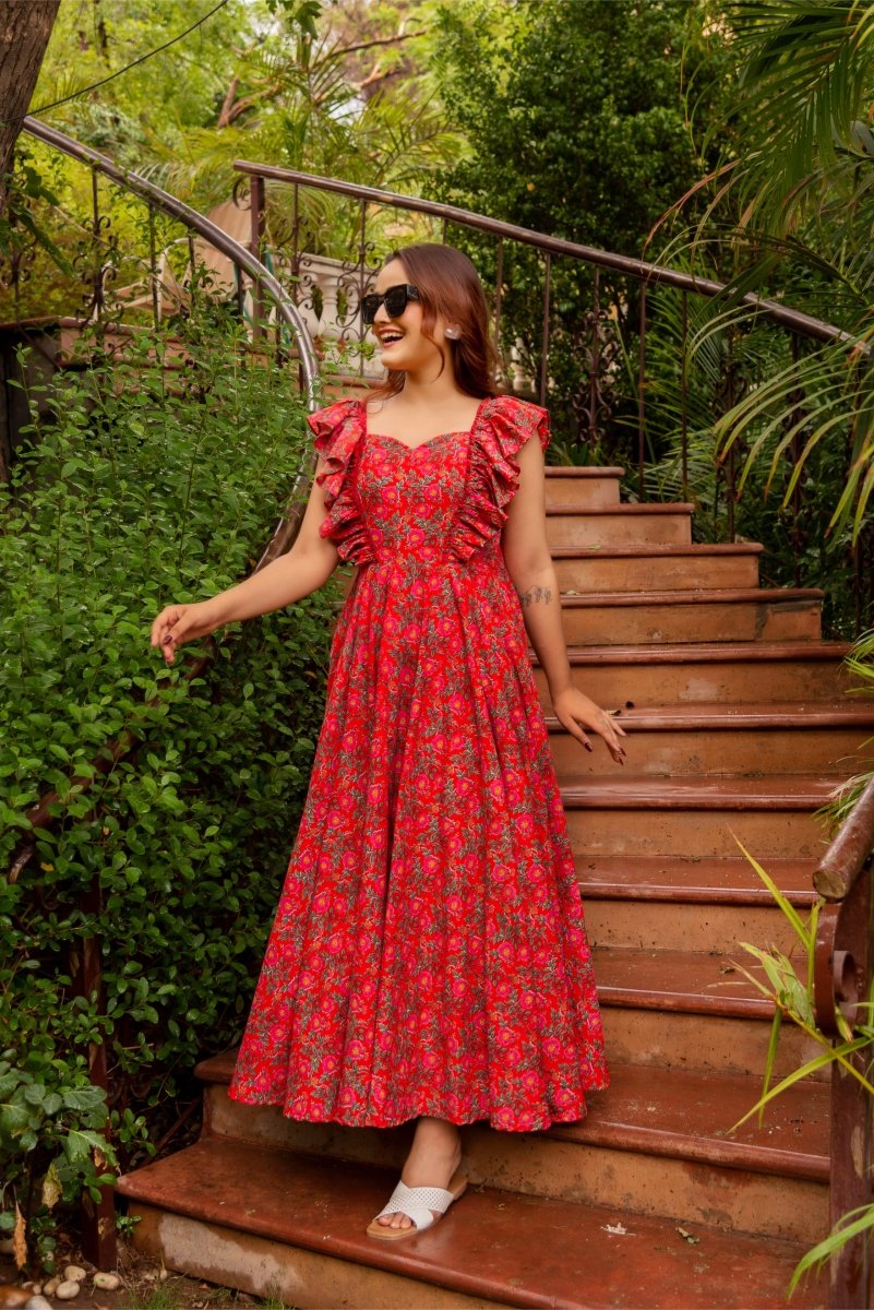 SUNHARI CHAAP RED HAND BLOCK PRINT FRILL SLEEVES COTTON DRESS - Pomcha Jaipur