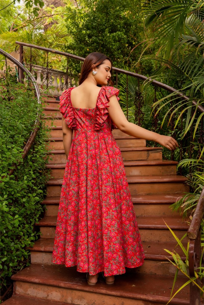 SUNHARI CHAAP RED HAND BLOCK PRINT FRILL SLEEVES COTTON DRESS