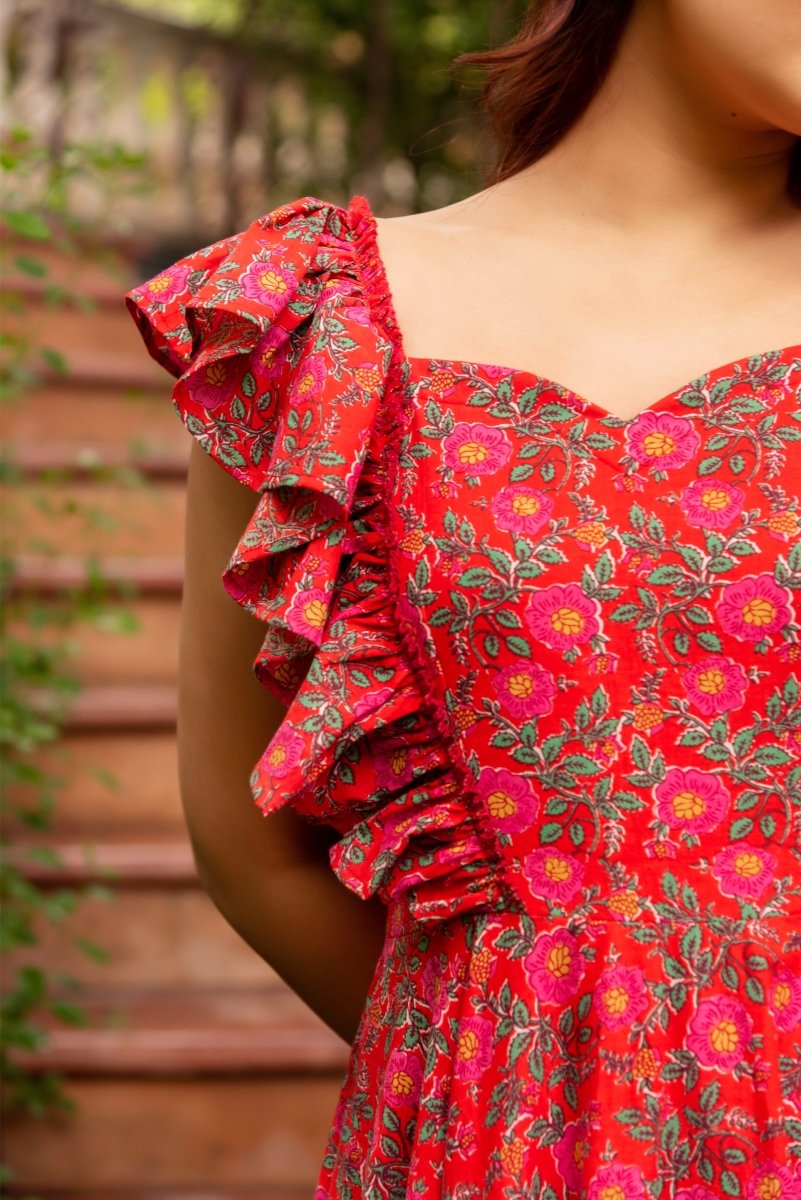 SUNHARI CHAAP RED HAND BLOCK PRINT FRILL SLEEVES COTTON DRESS
